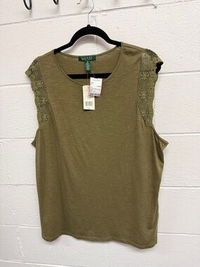 Lauren Ralph Lauren Olive Green Lace-Trim Tank Top